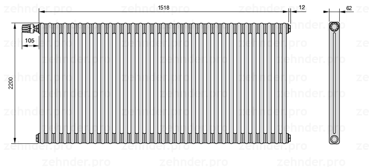 Схема (чертеж) Радиатор Zehnder Charleston 2220/33 №V011 Белый глянцевый RAL 9016